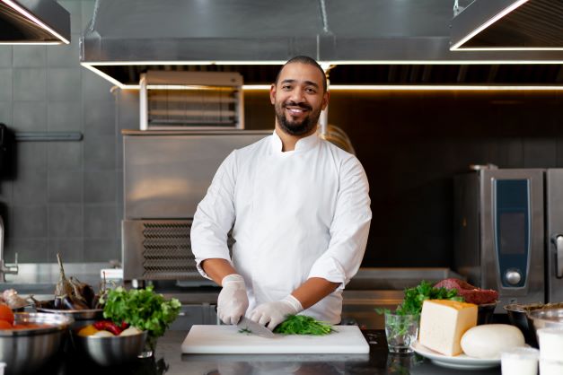 Chef Joseph Lee in the kitchen, chopping herbs